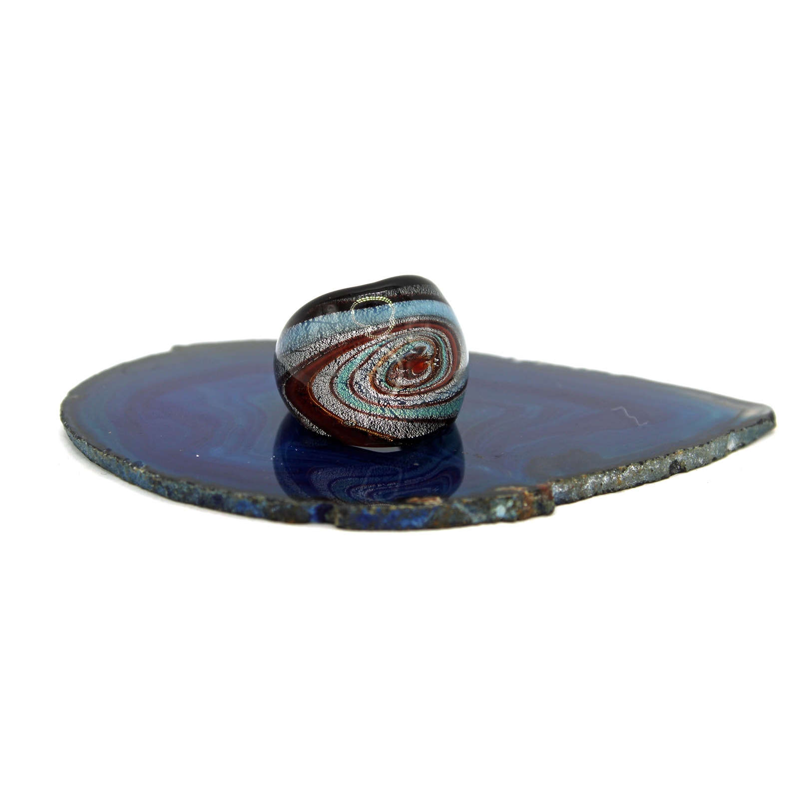 1970s Handblown Light Blue Silver And Orange Swirl Glass Ring 18$